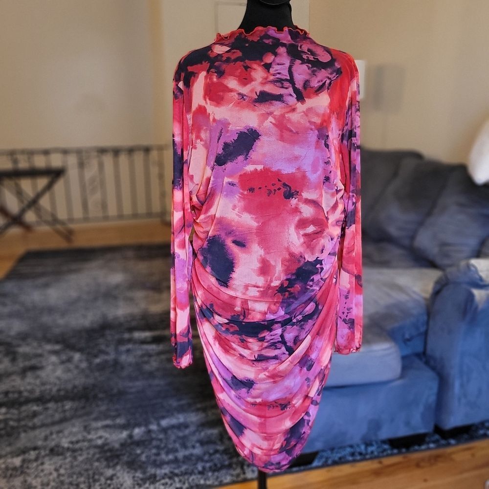 NWOT Bold Elements Pink Watercolor Ruched Long-Sleeve Dress Size XL - Picture 2 of 13